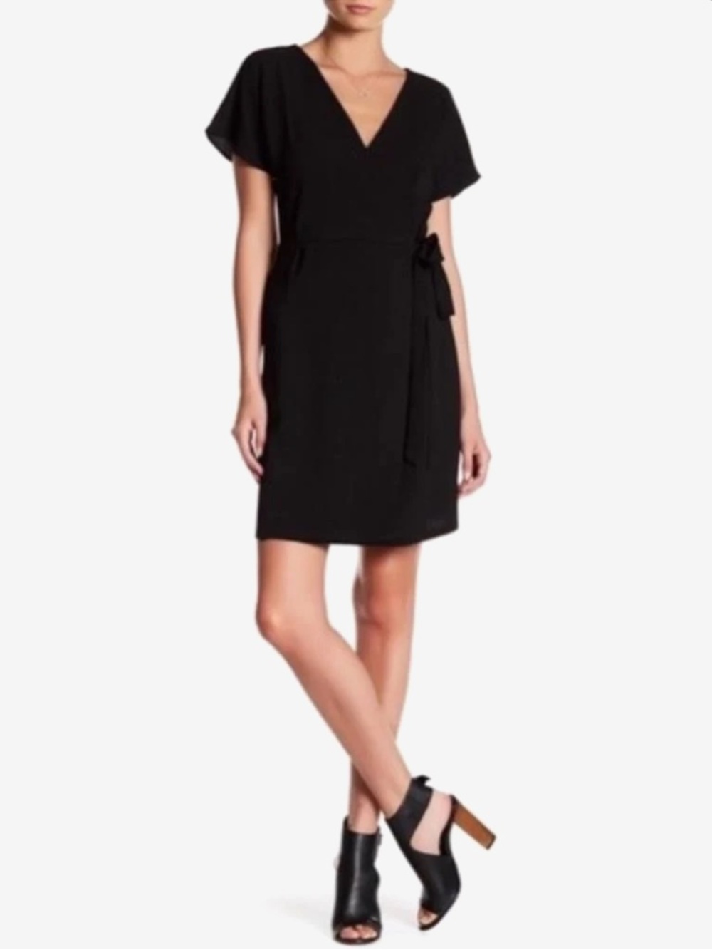🌷 Bobeau Black Cap-Sleeve Tie-Waist Wrap Dress # 57